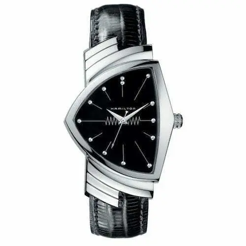Hamilton Ventura Stainless Steel Case Quartz Black Lizard Strap H24411732 - Dial: Black, Band: Black, Bezel: Silver