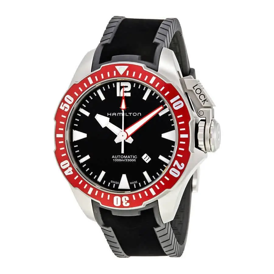 Hamilton Khaki Navy Frogman Automatic Black Dial Men`s Watch H77805335 - Dial: Black, Band: Black, Bezel: Red