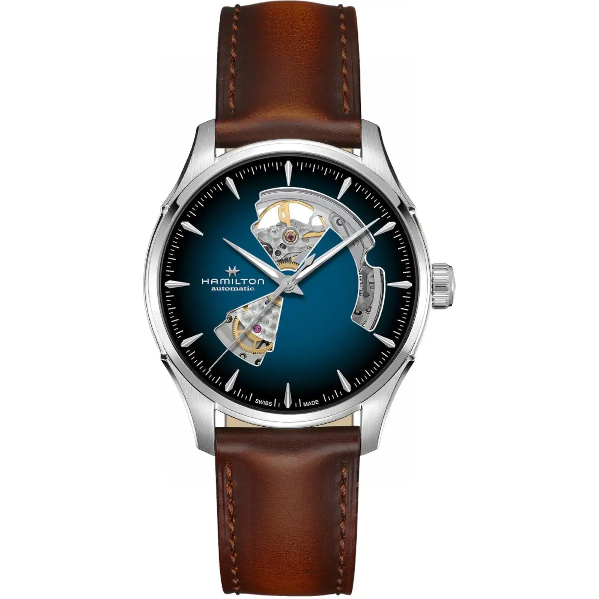 Hamilton Jazzmaster Open Heart Auto 40mm Blue Dial Brown Strap Watch H32675540