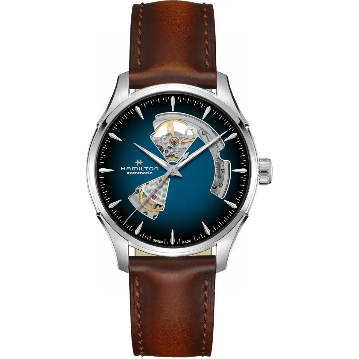Hamilton Jazzmaster Open Heart Auto 40mm Blue Dial Brown Strap Watch H32675540
