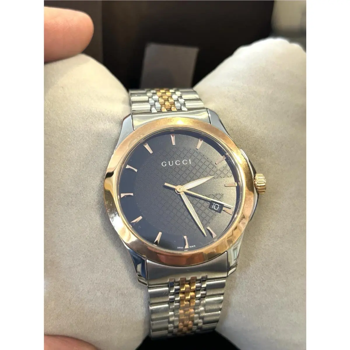 Gucci Men`s YA126410 Gucci Timeless Steel and Pink Pvd Black Dial Watch