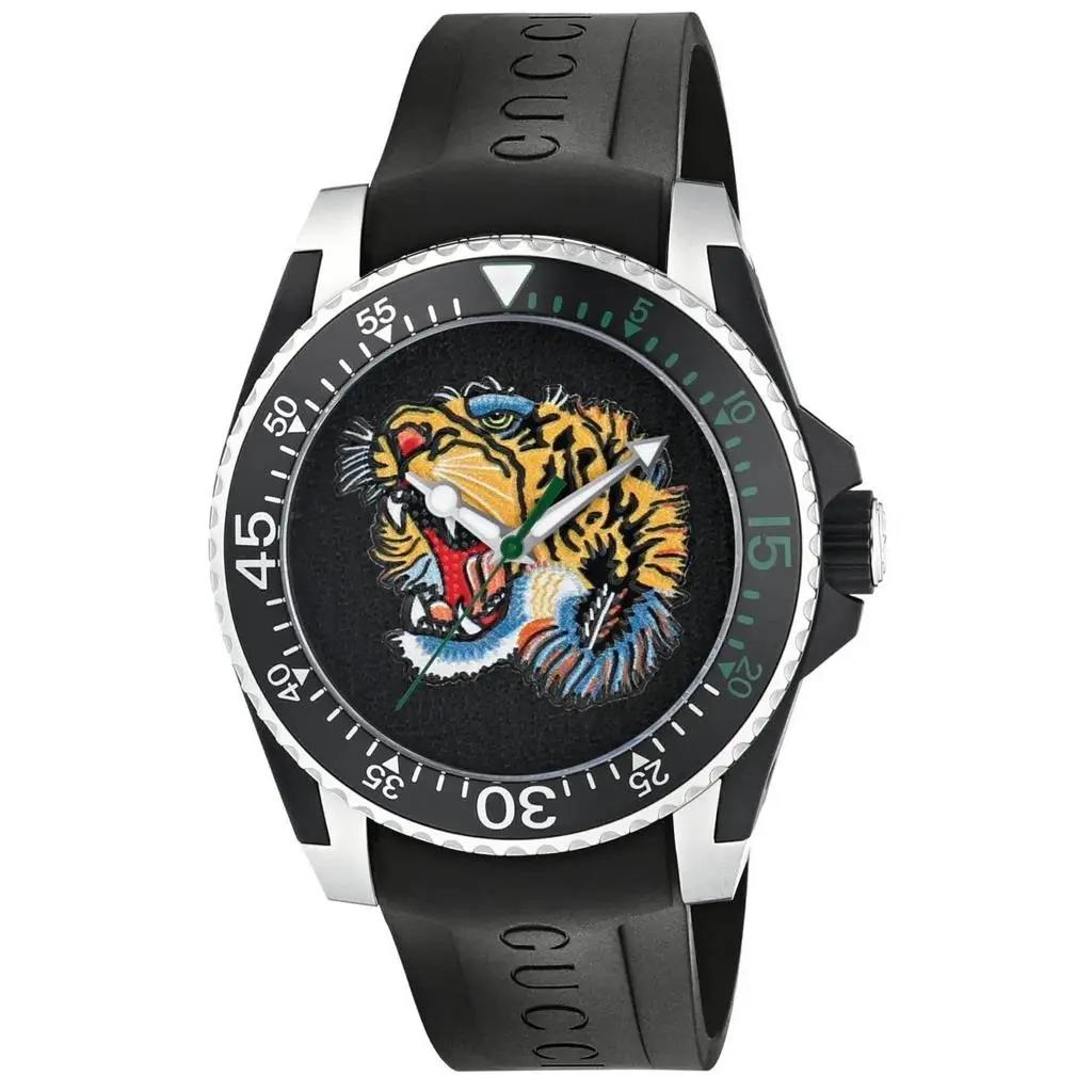 Gucci YA136318 40mm Dive Tiger Motif Dial Men`s Watch - Black