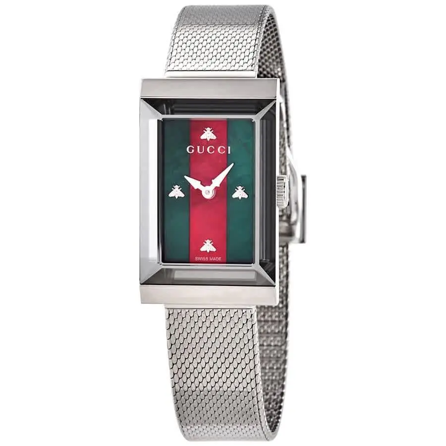 Gucci G-frame Quartz Green and Red Web Mop Dial Ladies Watch YA147401 - Dial: Green and Red Web Mother of Pearl, Band: Silver-tone, Bezel: Silver-tone