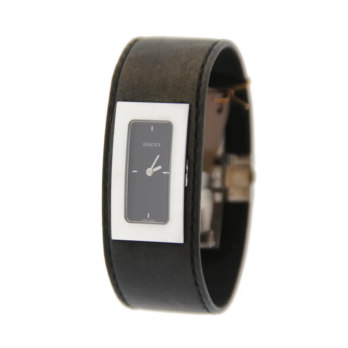 Gucci Black Dial Black Leather Stainless Steel Watch YA078606