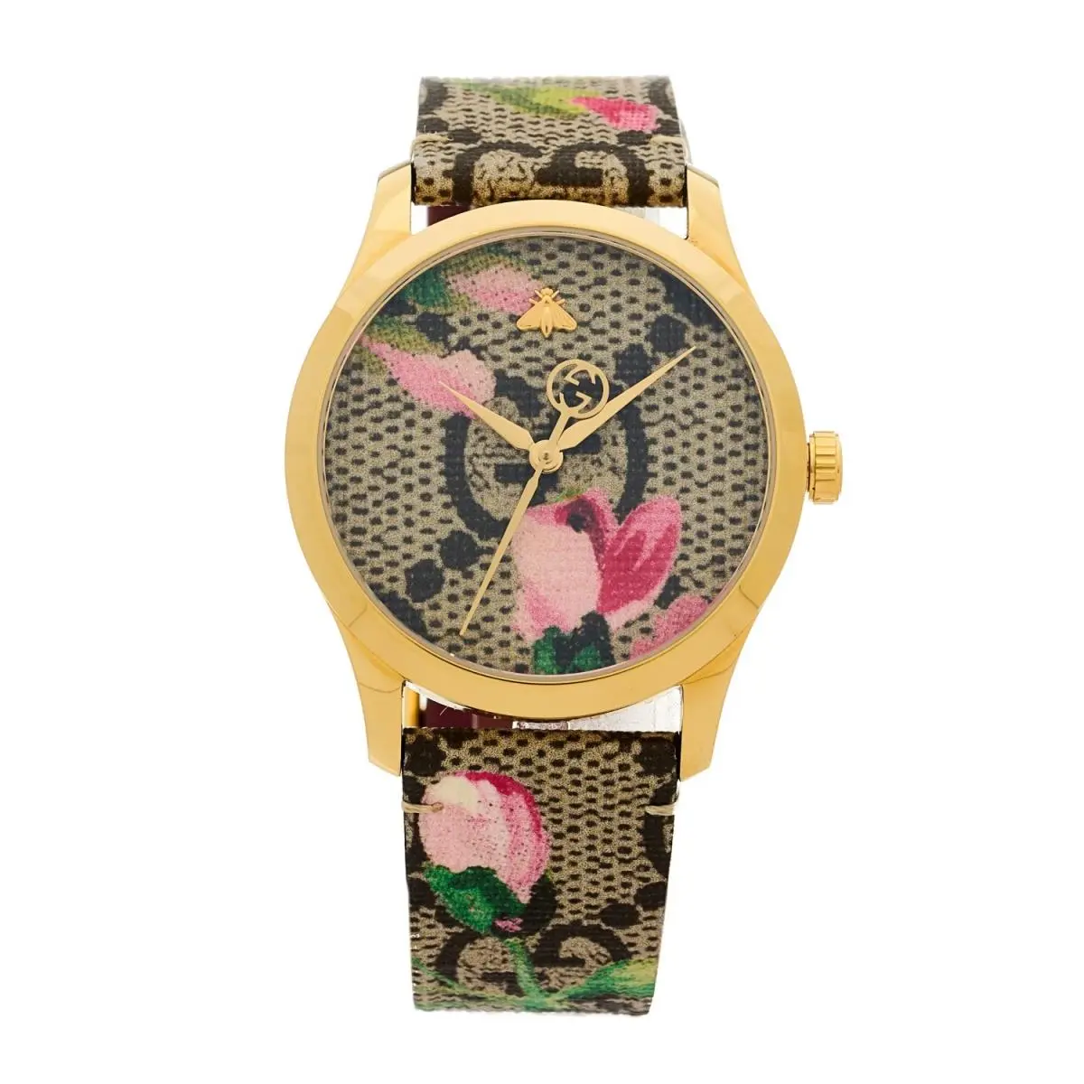 Women`s G-timeless 38mm Yellow Gold Pink Blooms Canvas Watch YA1264038A by Gucci