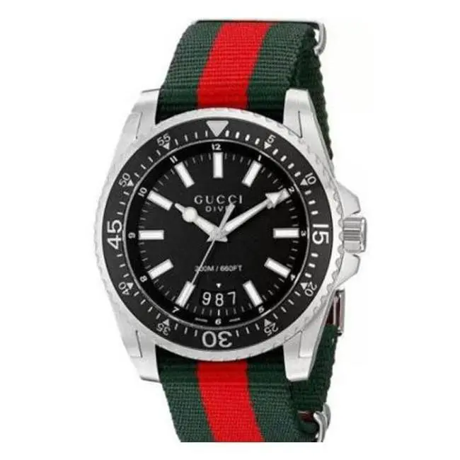 Gucci YA136206 Men`s Back Dial Dive Watch with Red and Green Nylon Band