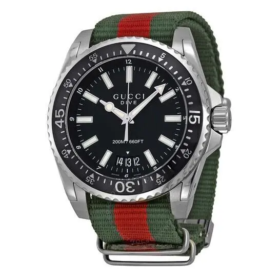 Gucci YA136206 Dive Black Dial Red and Green Nylon Men`s Watch - Dial: Red, Black, Green, Band: Red, Green, Bezel: Red