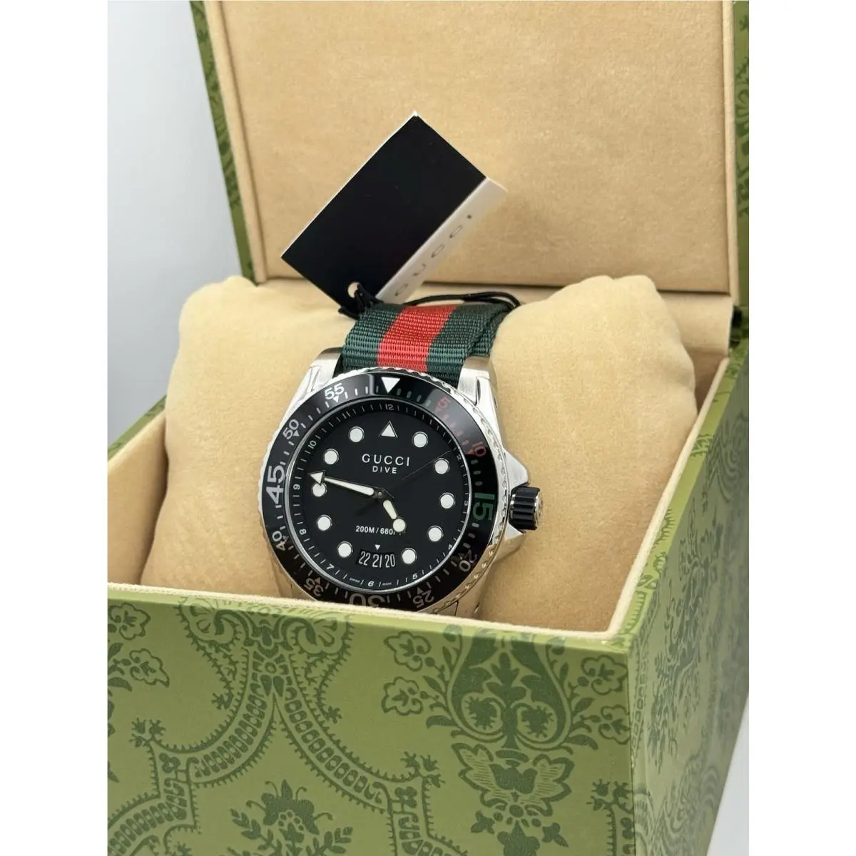 Gucci Men’s Swiss Made Quartz Nylon Strap Black Dial 45mm Watch YA136209 - Dial: Black, Band: Green, Red, Bezel: Black, Green, Red