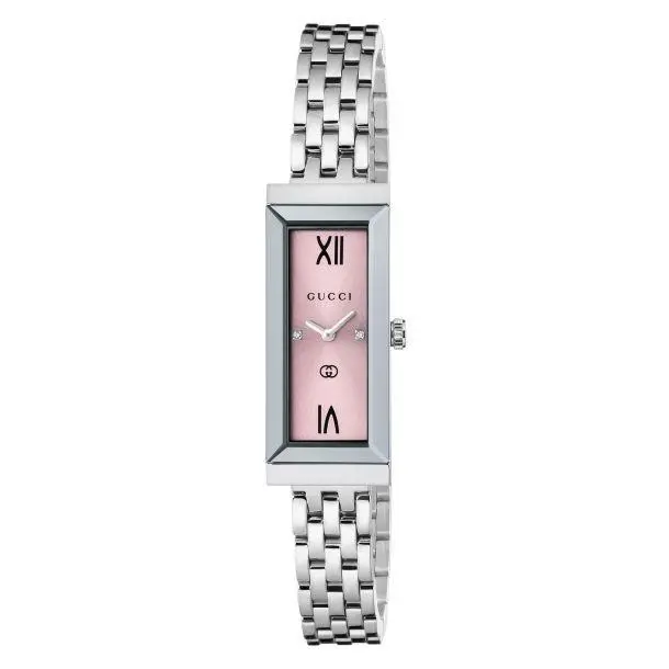 Gucci G-frame Steel Pink Dial Rectangle Quartz Womens Watch YA127516 - Dial: Pink, Band: Silver, Bezel: Silver