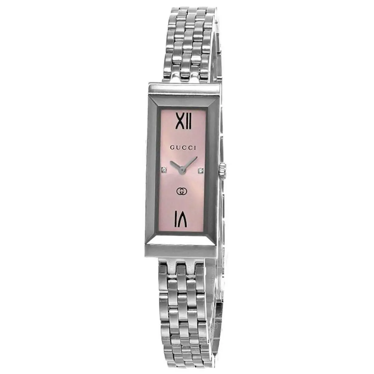 Gucci G-frame Steel Pink Dial Diamonds Rectangle Quartz Womens Watch YA127516 - Dial: Pink, Band: Silver, Bezel: Silver