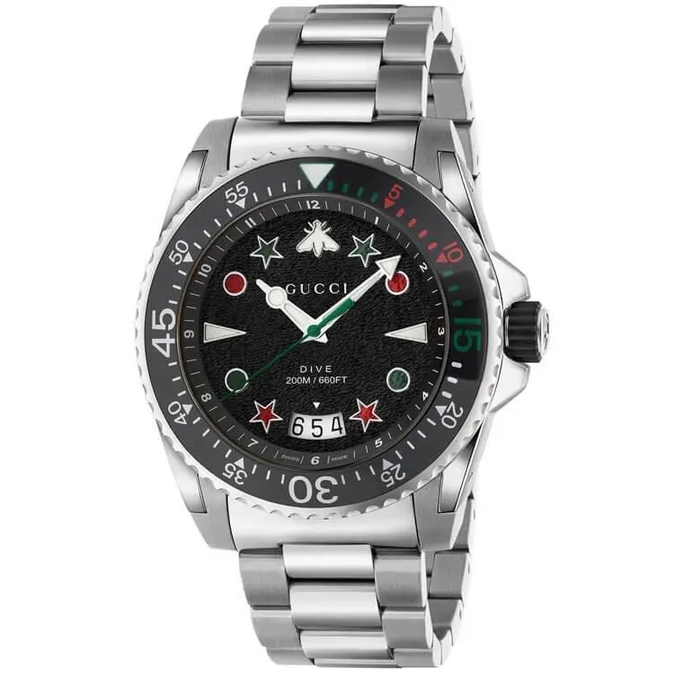 Gucci Dive XL Swiss Quartz Black Dial Stainless Steel Men`s Watch YA136221
