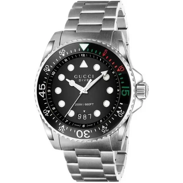 Gucci Dive YA136208 45mm Black Dial Stainless Steel Men`s Watch - Dial: Black, Band: Silver, Bezel: Black