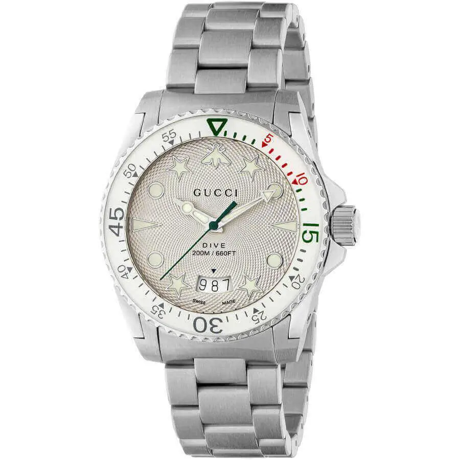 Gucci Dive 40mm Silver Dial Stainless Steel Bracelet Men`s Watch YA136336 - Dial: Silver, Gray, Band: Gray, Silver