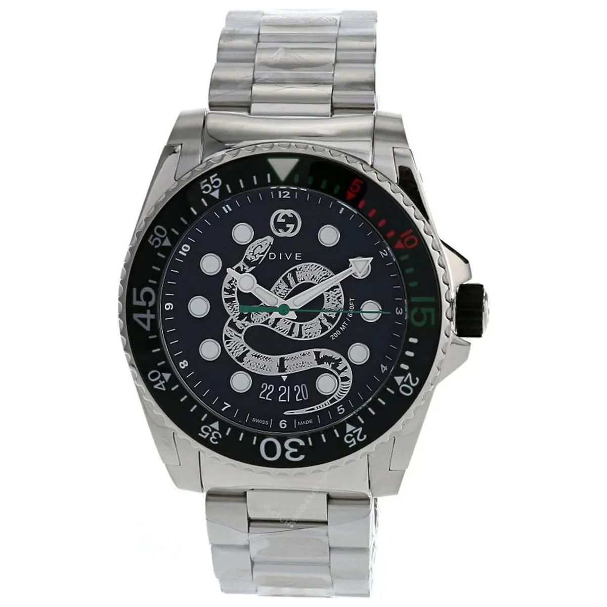 Gucci Dive Men`s Watch YA136218 – 45mm Stainless Steel with Black Snake Dial
