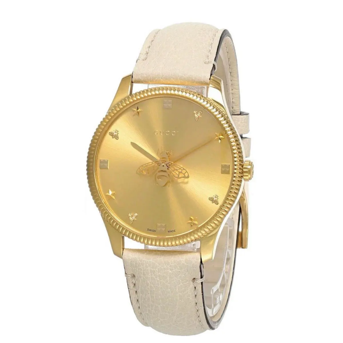 Gucci G-timeless 36MM Quartz Gold Dial Leather Women`s Watch YA1264180 - Dial: Gold, Band: White