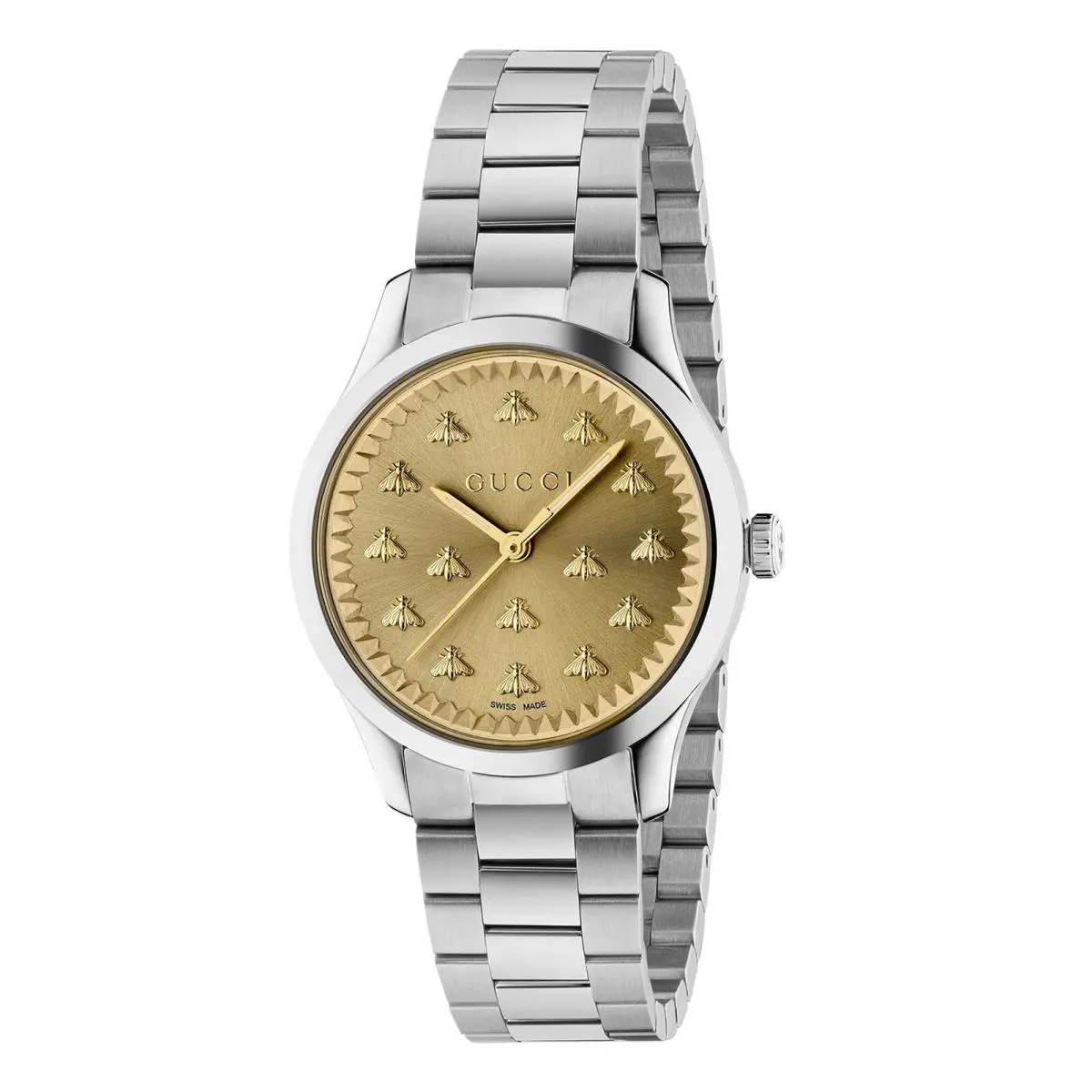 Gucci G-timeless Gold Dial Bee Motif 32MM Quartz Ladies Watch YA1265035 - Dial: Gold, Band: Gray, Bezel: Gray