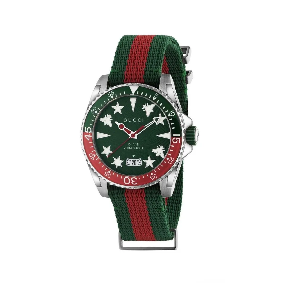 Gucci YA136339 Dive Quartz Men`s Watch Green Dial with Red Green Nato Strap - Dial: Green, Band: Green, Red, Bezel: Green, Red