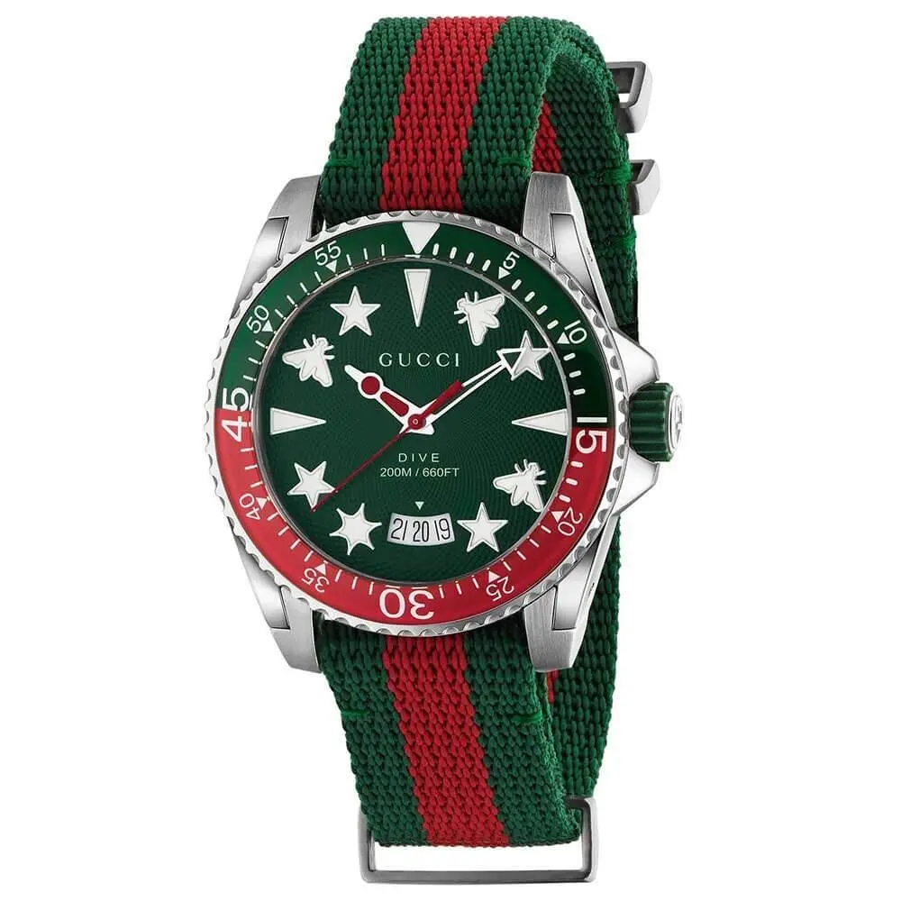 Gucci Dive 40mm Green Dial Green and Red Bezel Web Strap Watch YA136339 - Dial: Green, Band: Green, Red, Bezel: Green, Red