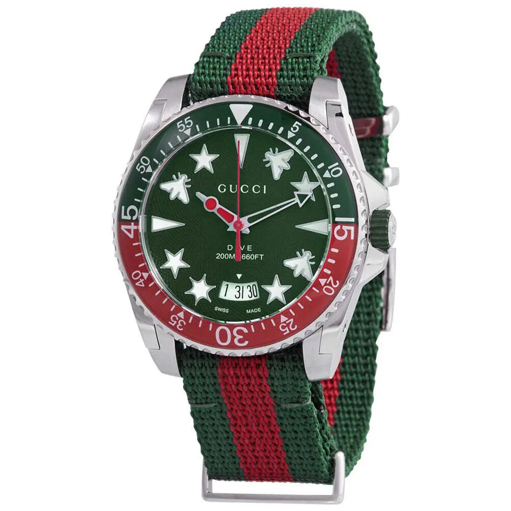 Gucci YA136339 Dive Quartz Men`s Watch Green Dial with Red Green Nato Strap - Dial: Green, Band: Green, Red, Bezel: Green, Red