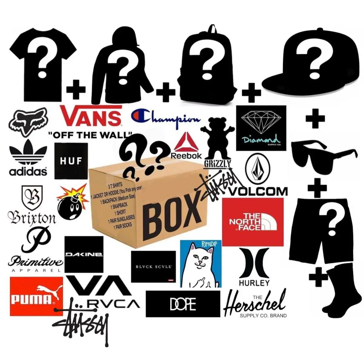 Stussy Streetwear Box Mens 4 T Shirts Hoodie or Jacket Backpack Hat Short Socks