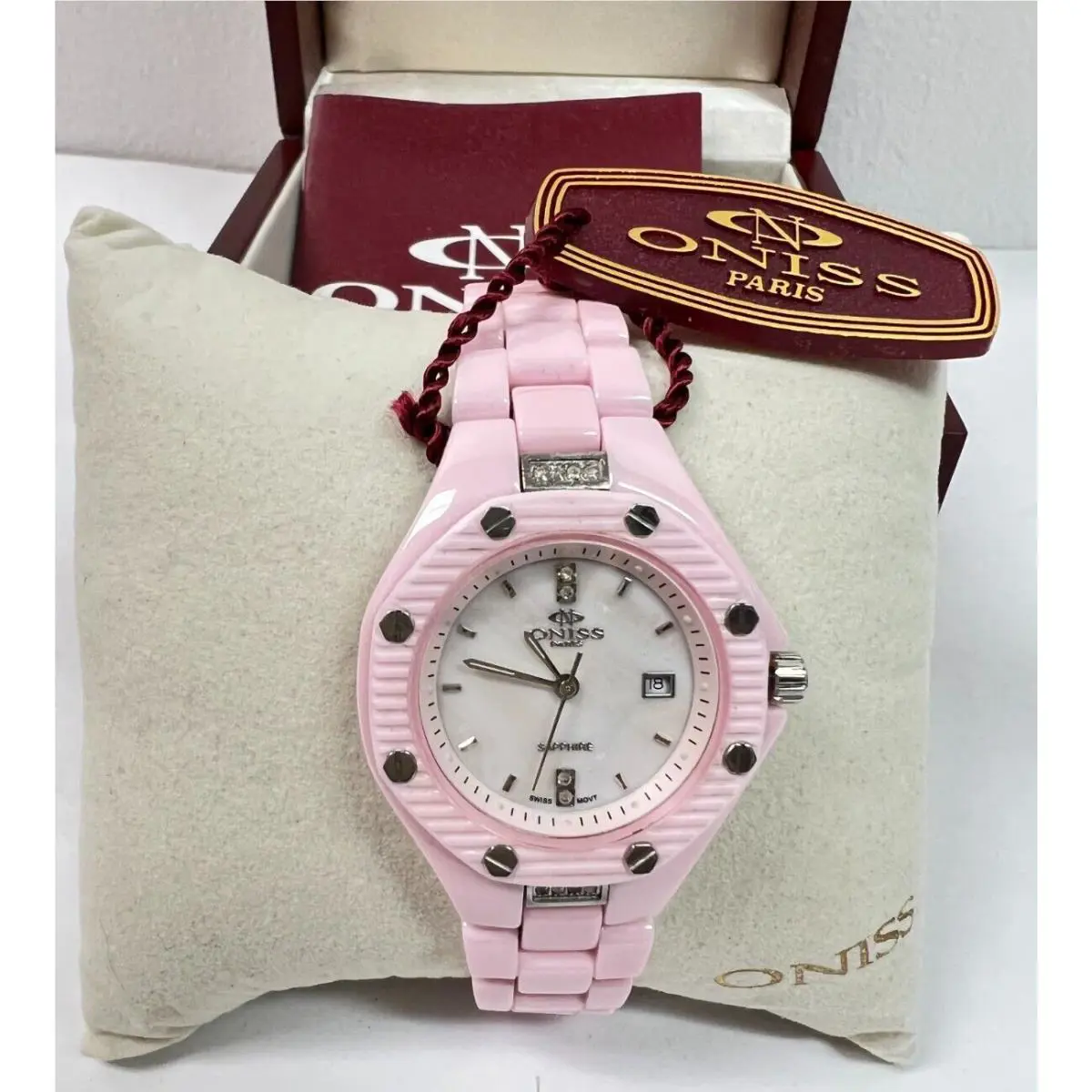 Oniss ON8110-L Women`s Oversized Swiss Pink Ceramic Chronograph Watch