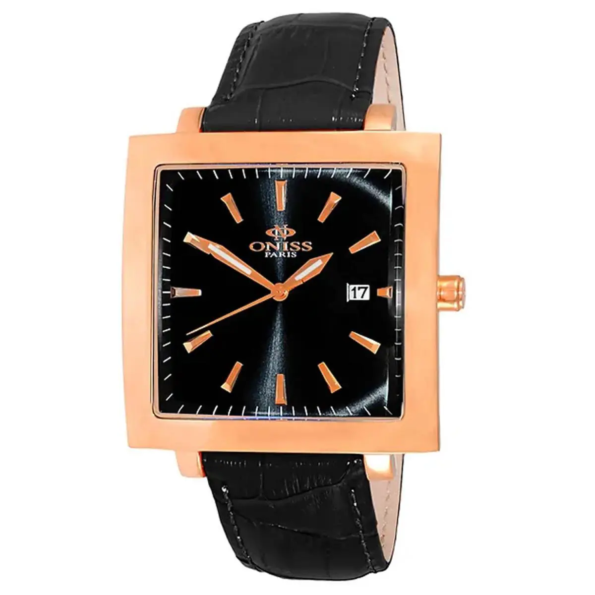 Oniss ON4444-MRGBK Mens Gold Case Black Leather Band Analog Wristwatch