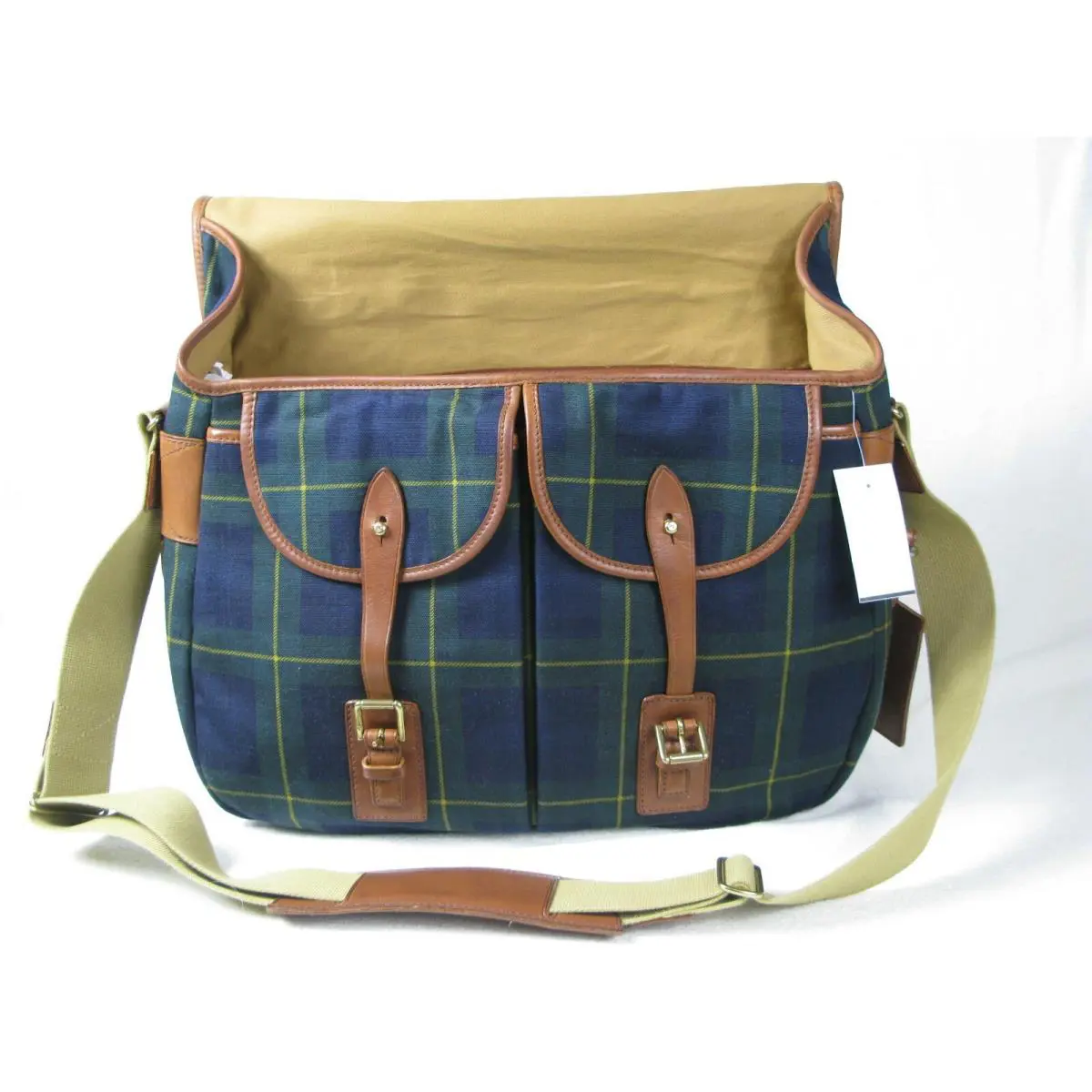 Ralph Lauren Polo Leather-trim Canvas Blackwatch Tartan Plaid Messenger Bag