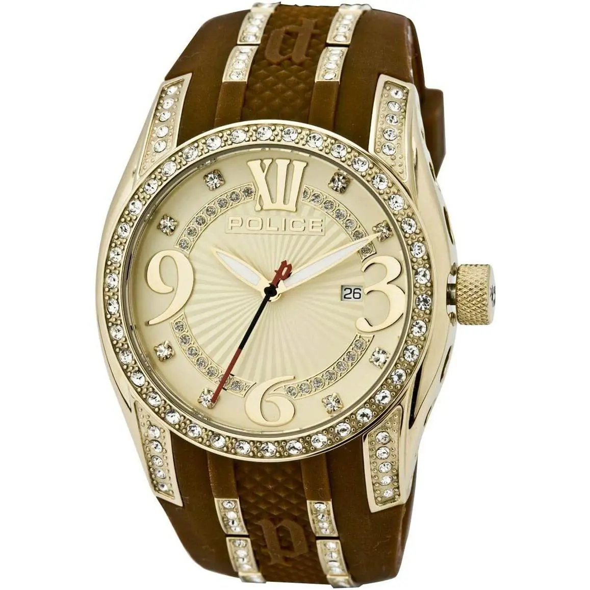 Police Glamour Top Gear 13196J Yellow Gold Tone Brown Silicone Band Womens Watch
