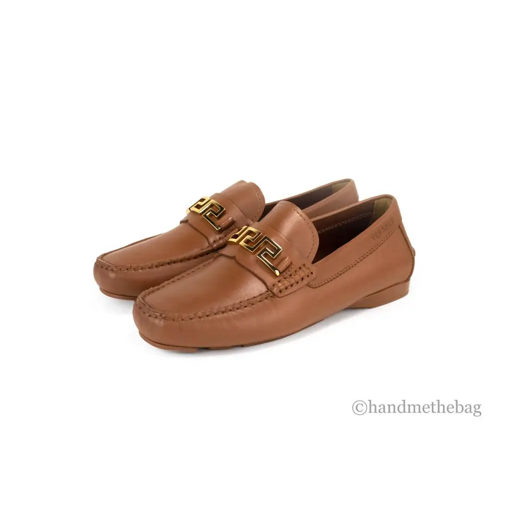 Versace Mens Warm Brown Leather Gold Greek Key Slip On Driver Loafer Shoes