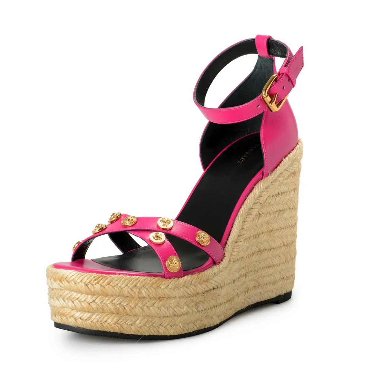 Versace Women`s Orchid Pink Gold Medusa Leather Ankle Strap Wedges Sandals Shoes
