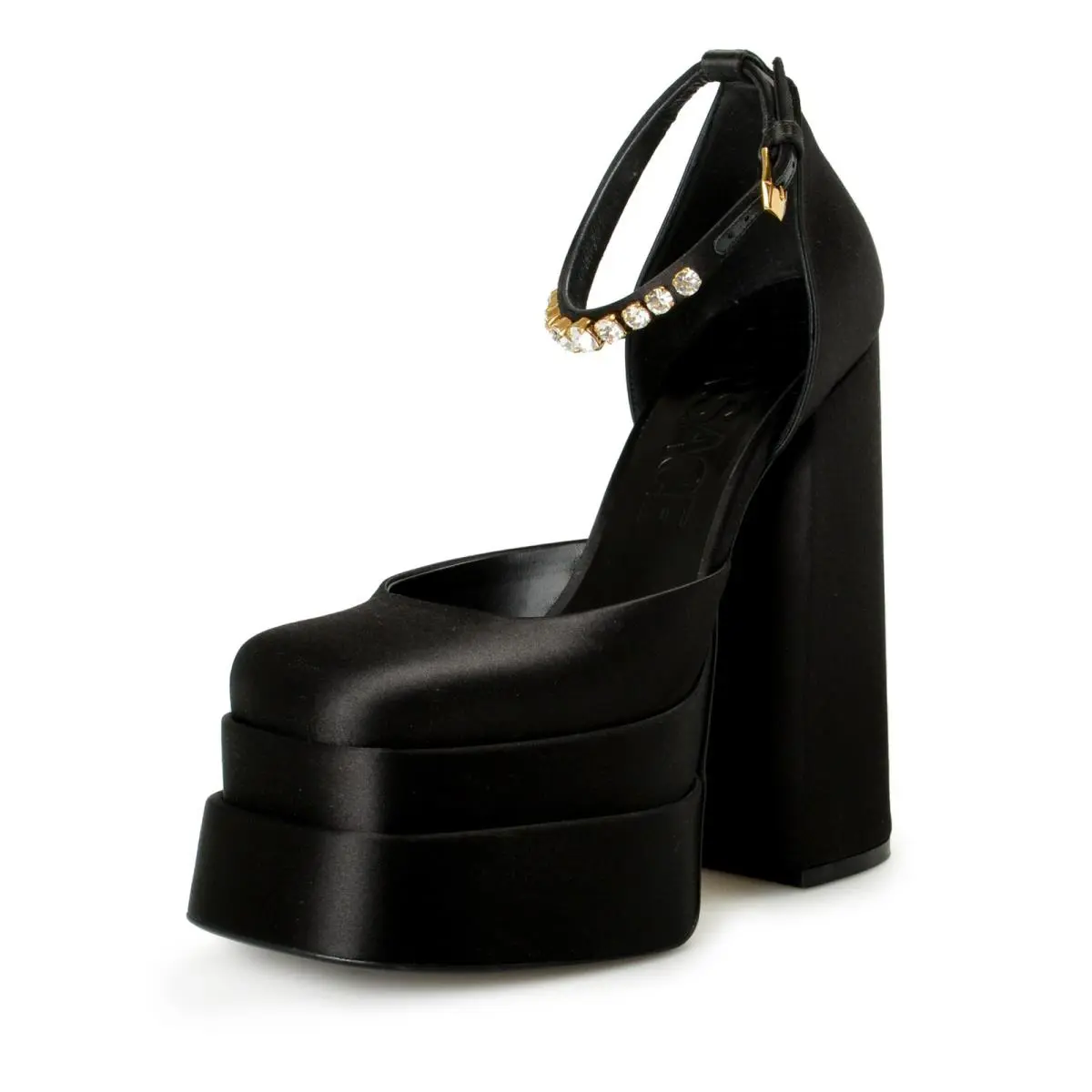 Women`s Medusa Aevitas Satin Leather Ankle Strap High Heel Pumps Shoes by Versace