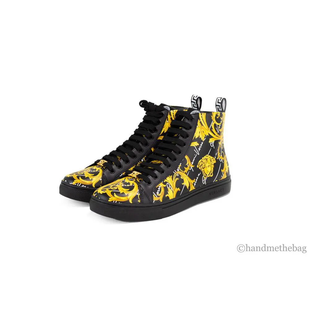 Versace High Top Leather Vitello St. Barocco Signature Printed Sneaker Shoes