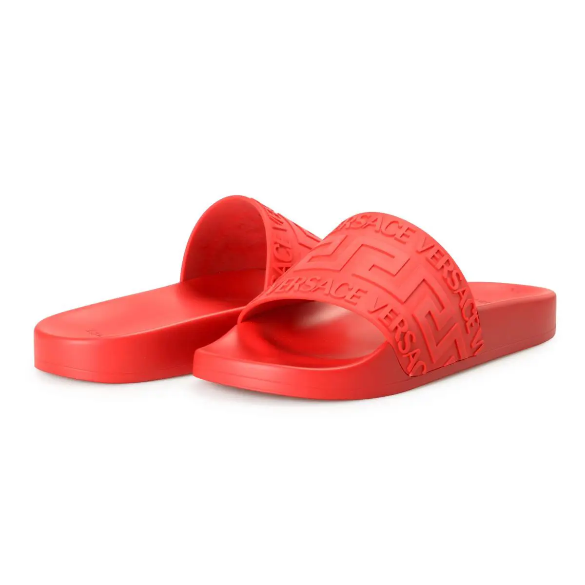 Versace Men`s Deep Red Greca Print Embossed Pool Slide Flip Flops Shoes