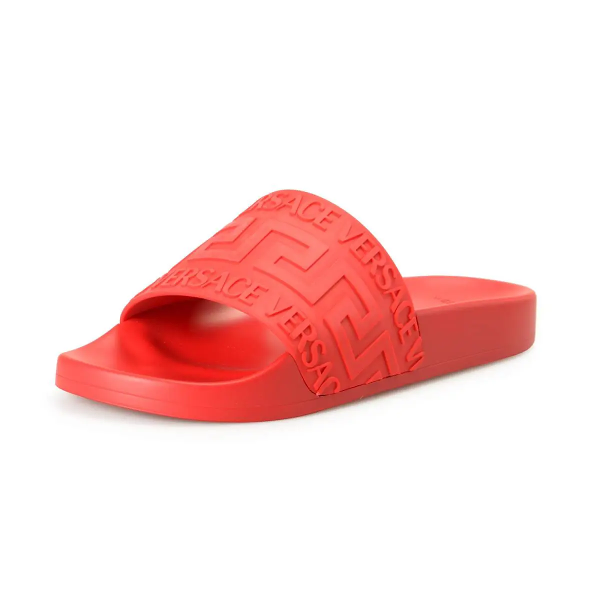 Versace Men`s Deep Red Greca Print Embossed Pool Slide Flip Flops Shoes
