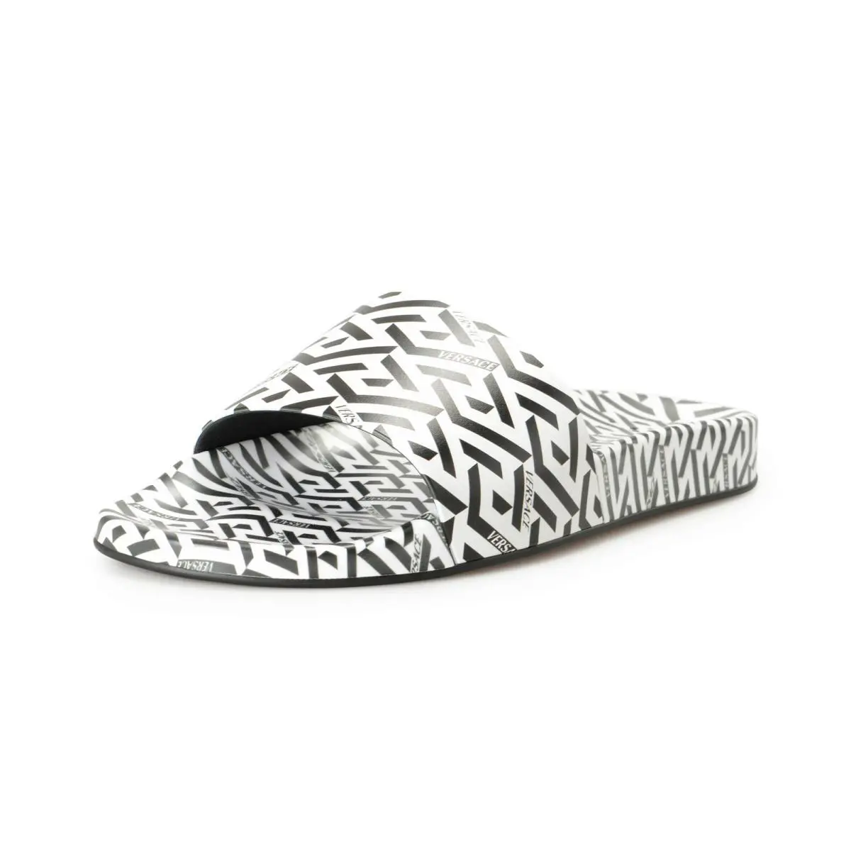 Versace Men`s Black White La Greca Logo Print Pool Slide Flip Flops Shoes