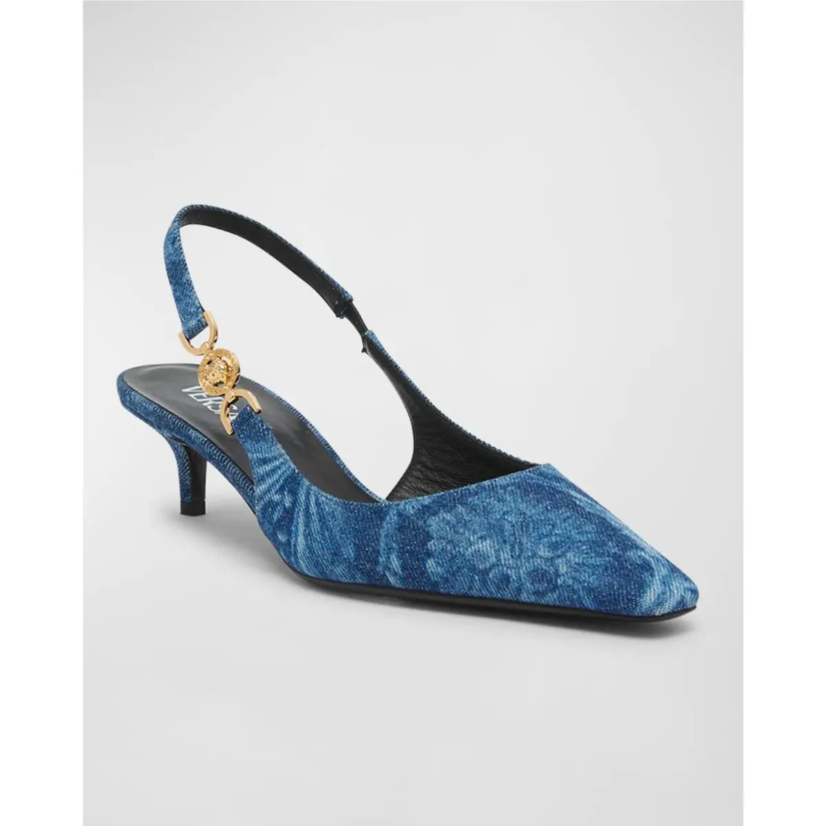 Versace Medusa Denim Kitten Slingback Pumps Shoes Msrp: