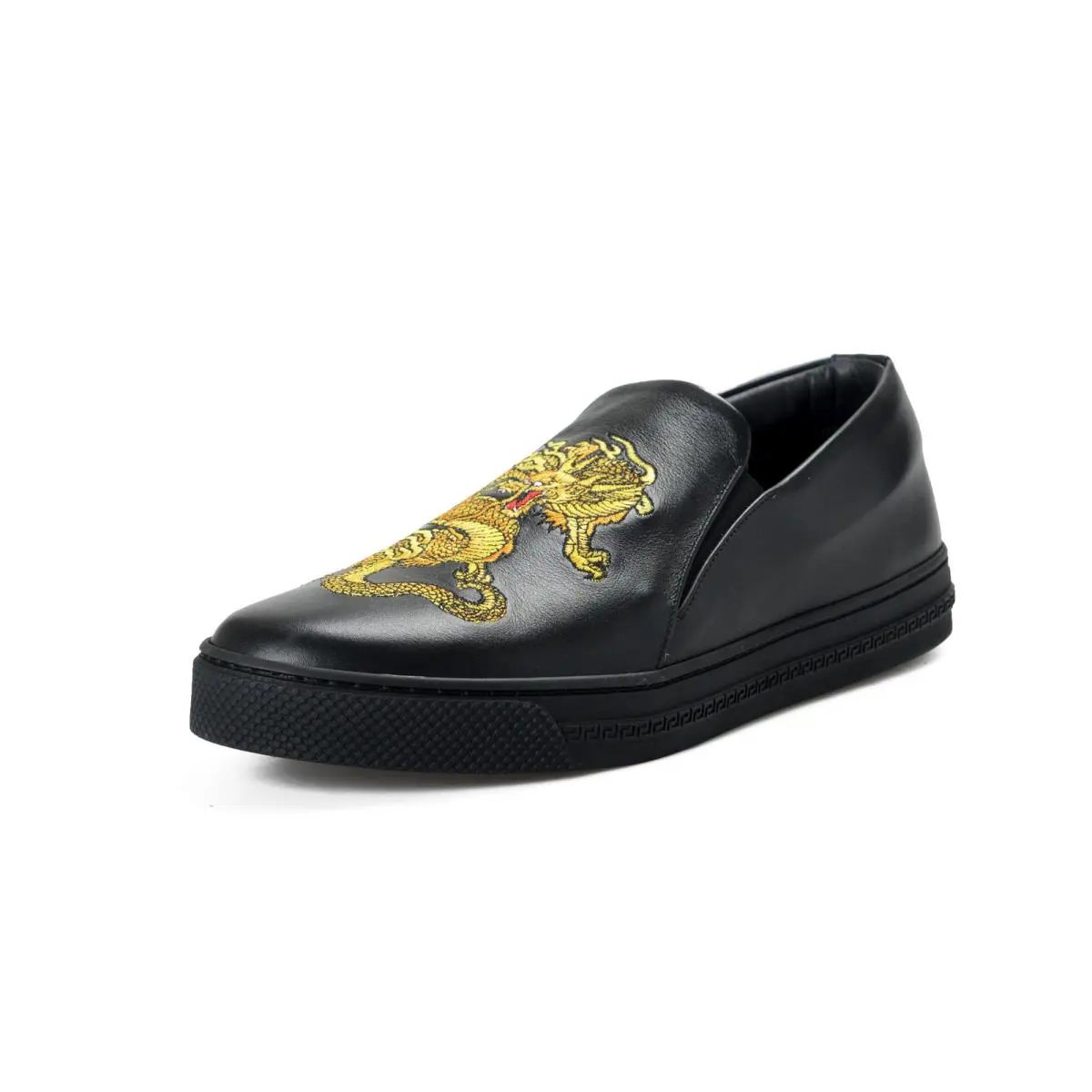 Versace Men`s Black Embellished Leather Moccasins Slip On Loafers Shoes US 9 IT 42