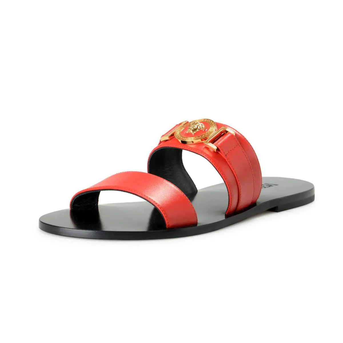 Versace Women`s Gold Medusa Leather Slides Sandals Shoes - Red