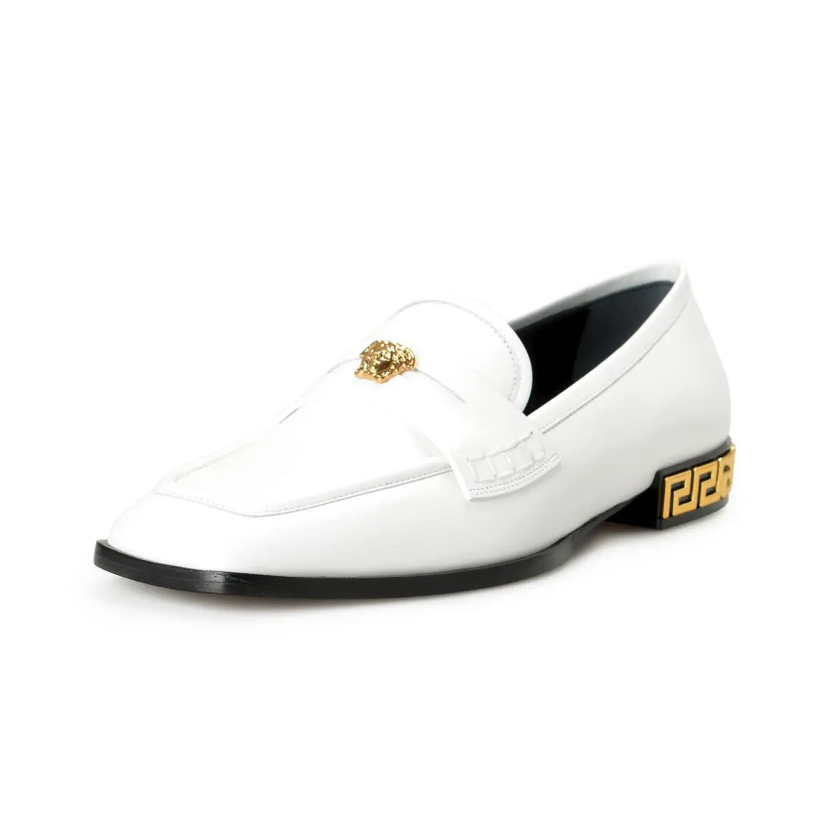 Women`s White Leather Gold Medusa Loafers Slip On Flats Shoes by Versace