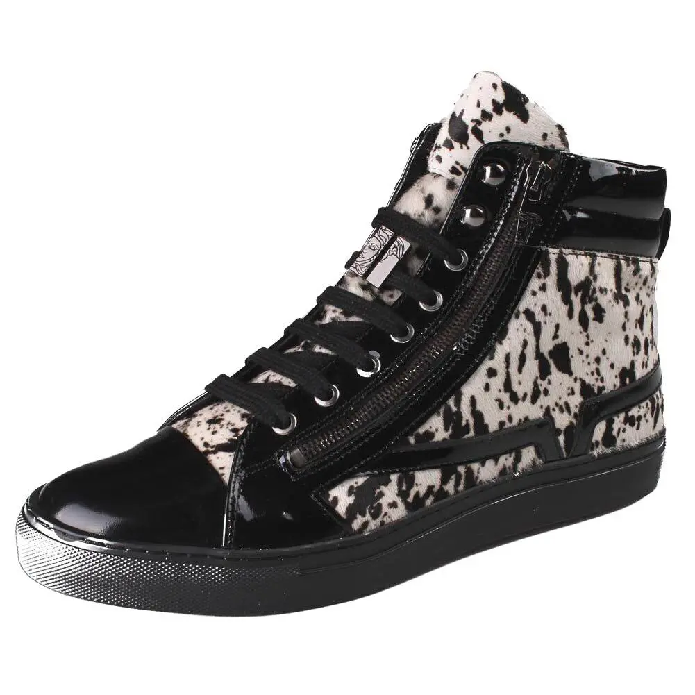 Versace Collection Black Pony Hair Patent Leather Hi-top Zip-up Fashion Sneakers