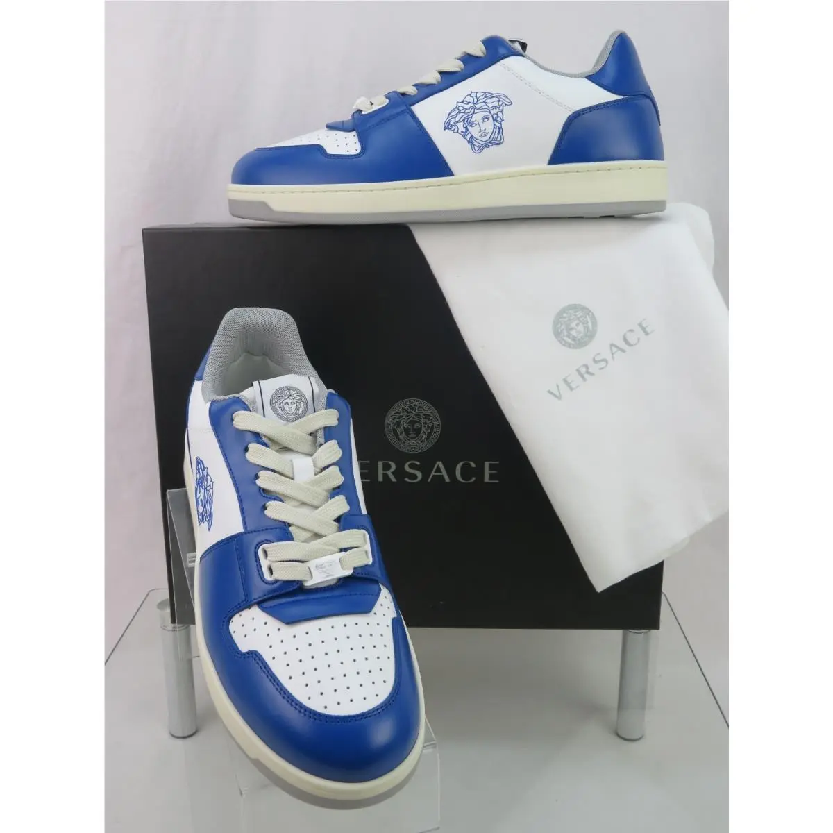 Versace Blue White Leather Medusa Head Low Top Sneakers US 11 Eur 44 Italy