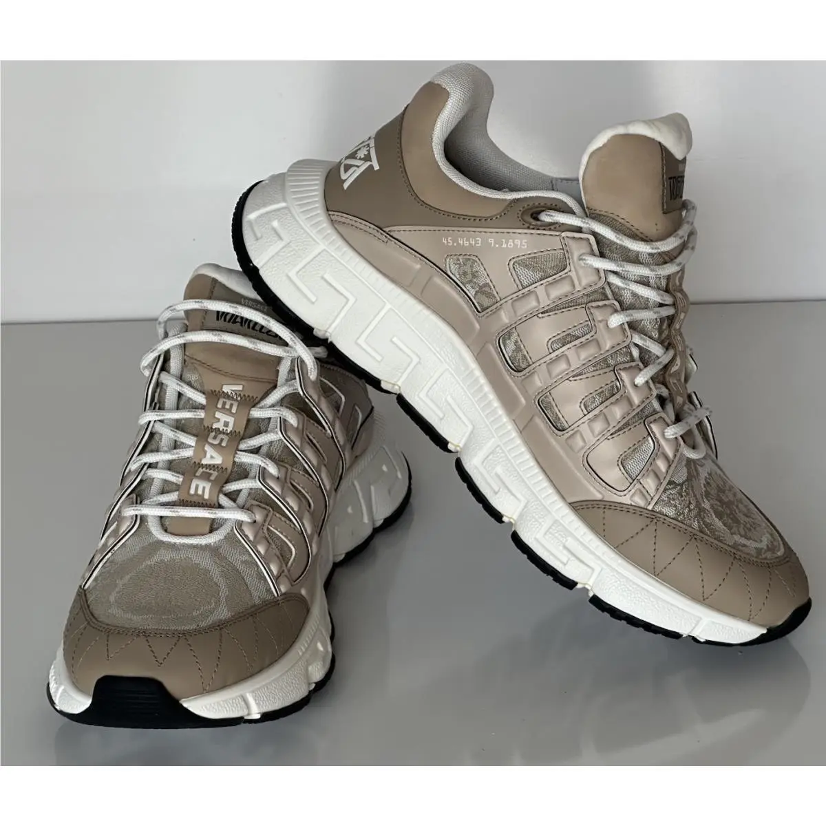 Versace Men`s Jacquard Trigreca Sneakers Beige 12 US 45 Eu IT DSU8094