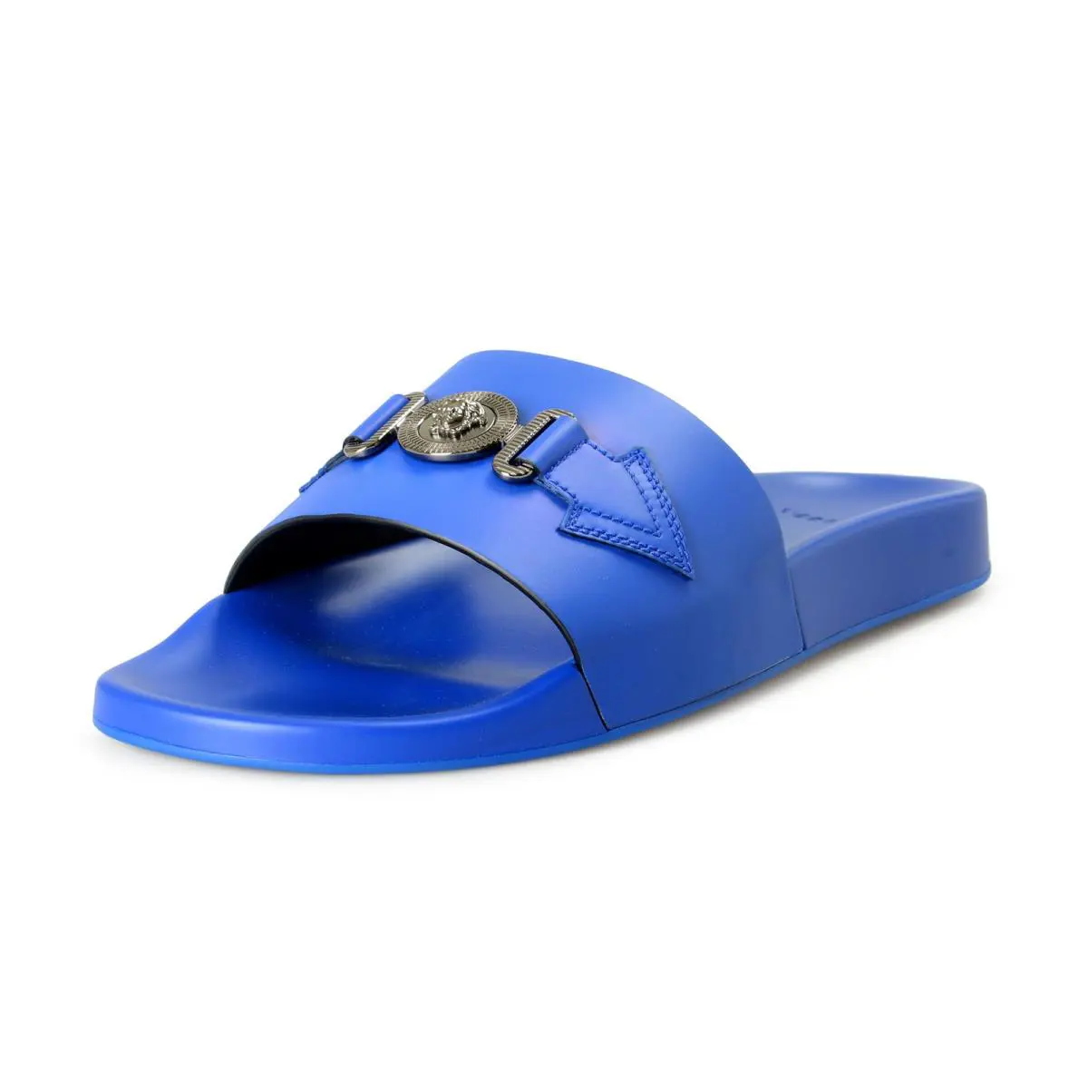 Versace Men`s Cobalt Silver Leather Flip Flops Pool Slides Shoes US 8 IT 41