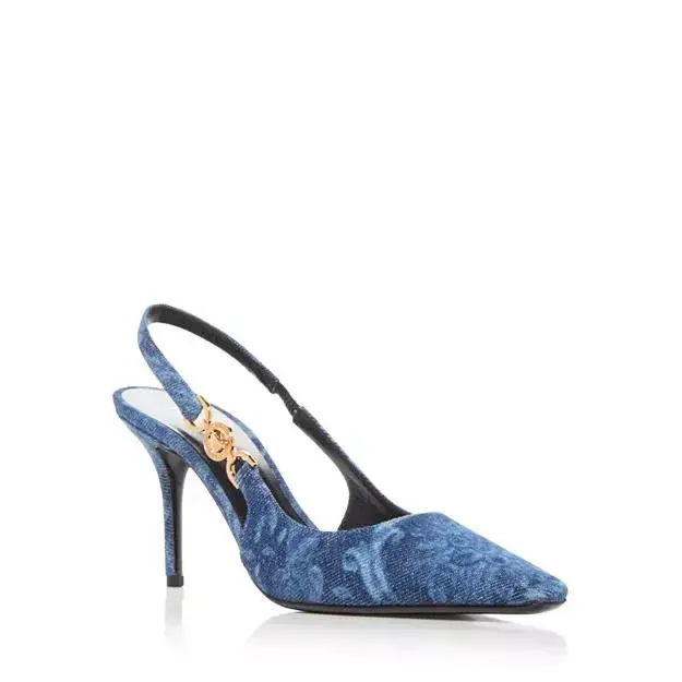 Versace Medusa Indigo Blue Women`s Slingback Barocco Print Denim Pumps Size 9 US