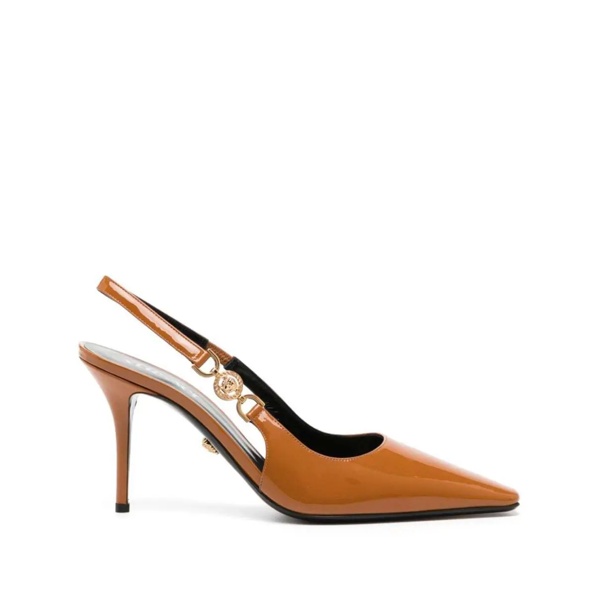 Versace Sling Back Brown Patent Leather Pump Heels Shoes Made IN Italy SZ 8 - Brown