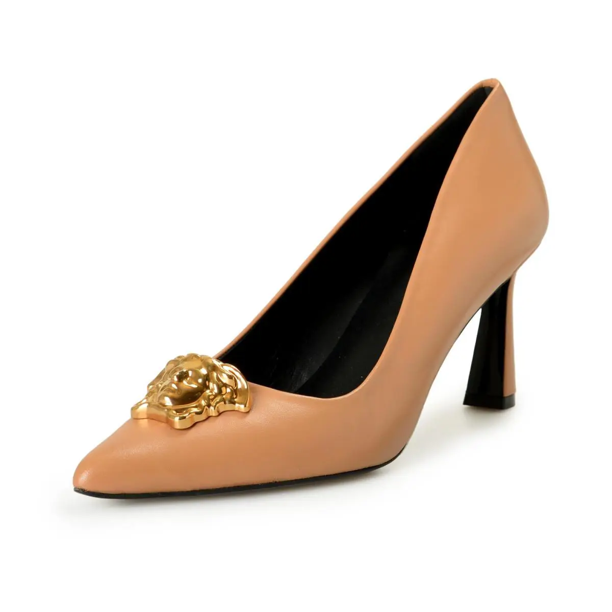 Versace Women`s Gold Medusa Caramel Leather Heeled Pumps Shoes US 10 IT 40 - Caramel Brown