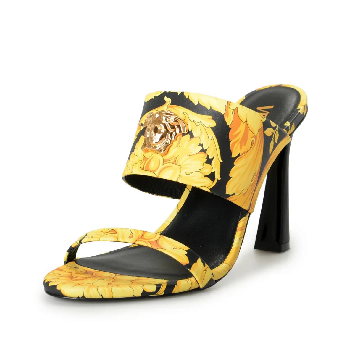 Versace Women`s Barocco Print Leather Medusa Head Sandals Mules Shoes US 7 IT 37 - Black/Gold