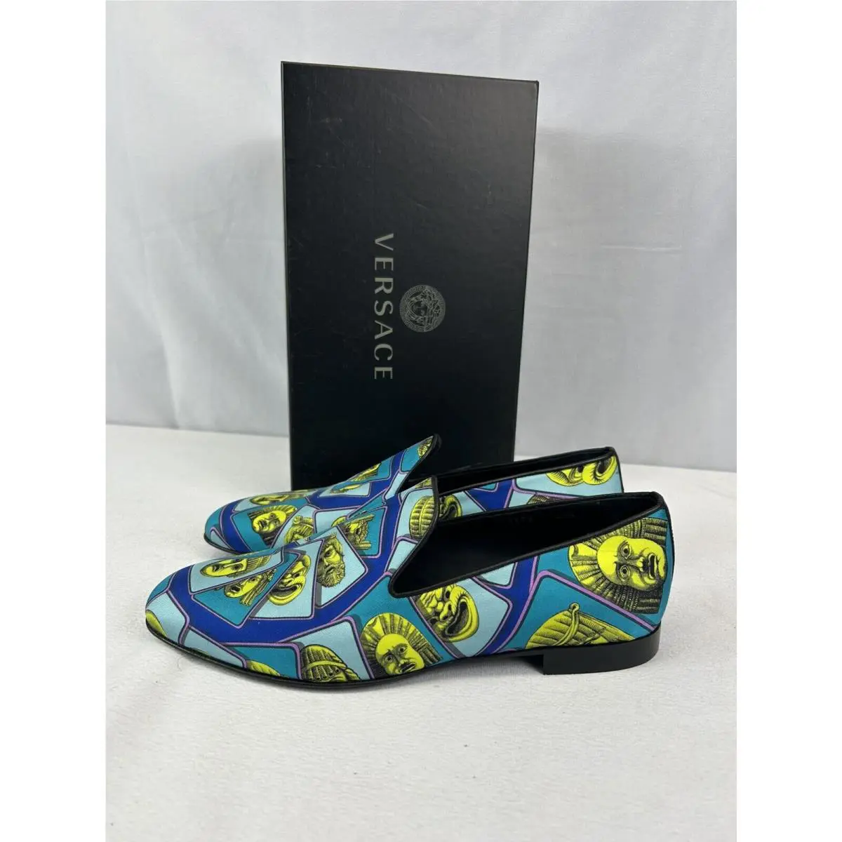 Versace Men`s Printed Silk Loafers Blue Sz US 8