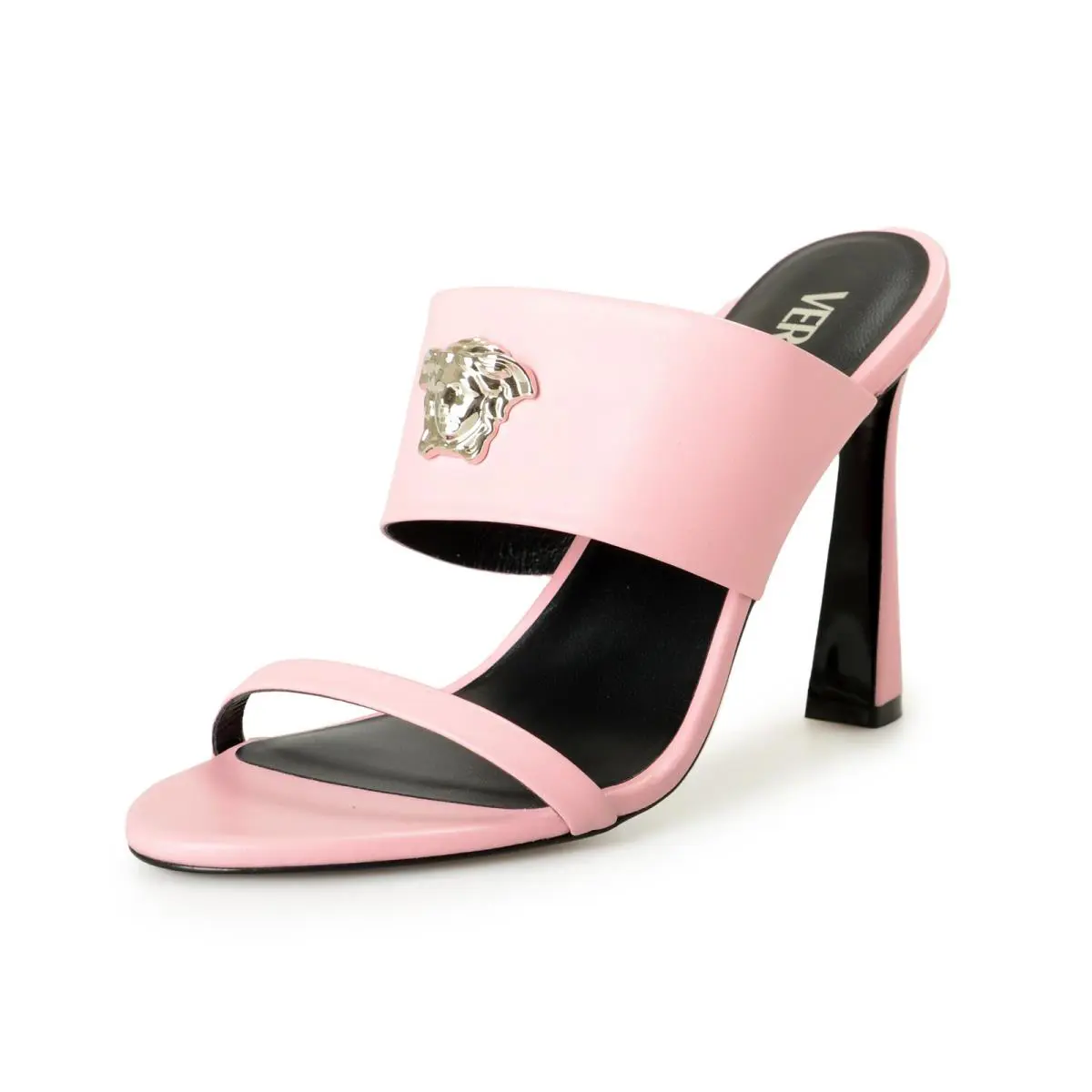 Versace Women`s Silver Medusa Rose Leather Sandals Mules Shoes US 7 IT 37 - English Rose