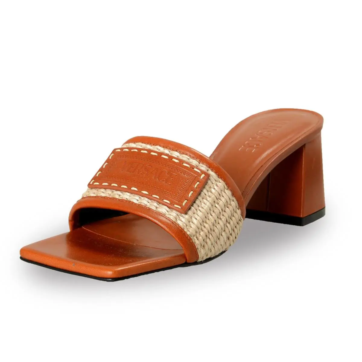Versace Women`s Brown Leather Logo Print Sandals Mules Shoes US 7 IT 37 - Brown/Beige